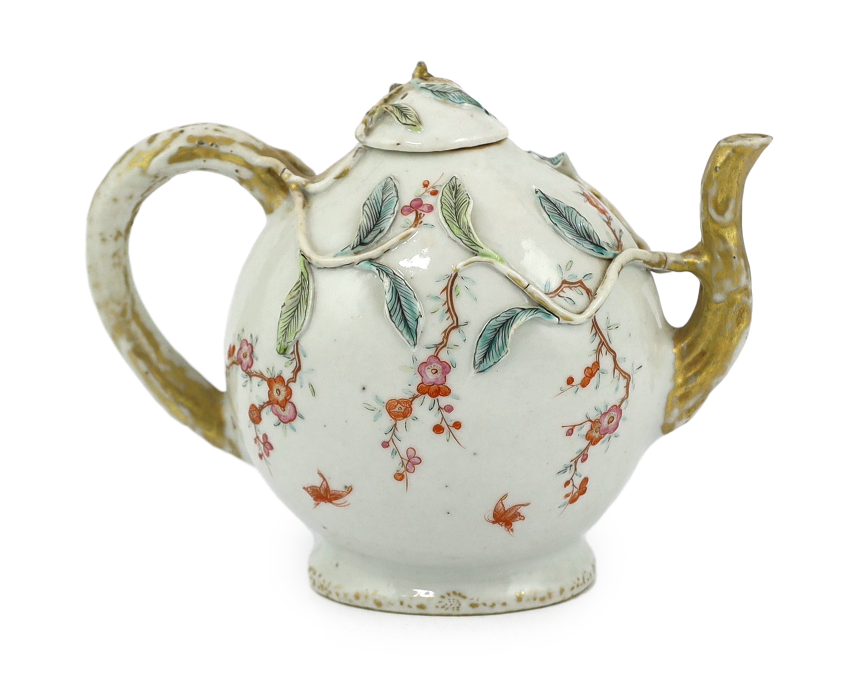 A Chinese enamelled porcelain peach-shaped teapot, Qianlong period (1736-95), wear to gilding